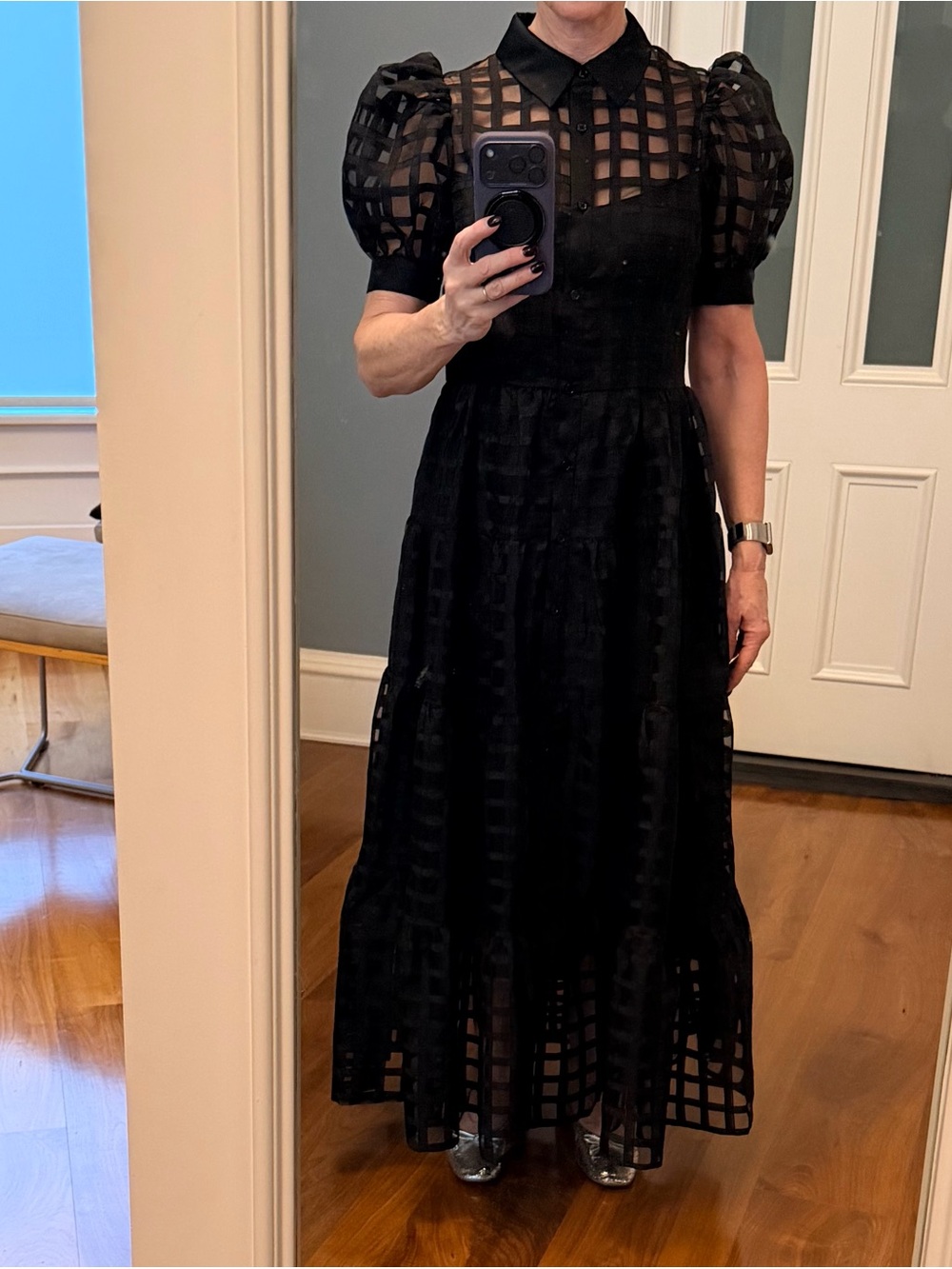 English Factory Black Sheer Grid Maxi Dress with Puff Sleeves - Picture 2 of 6